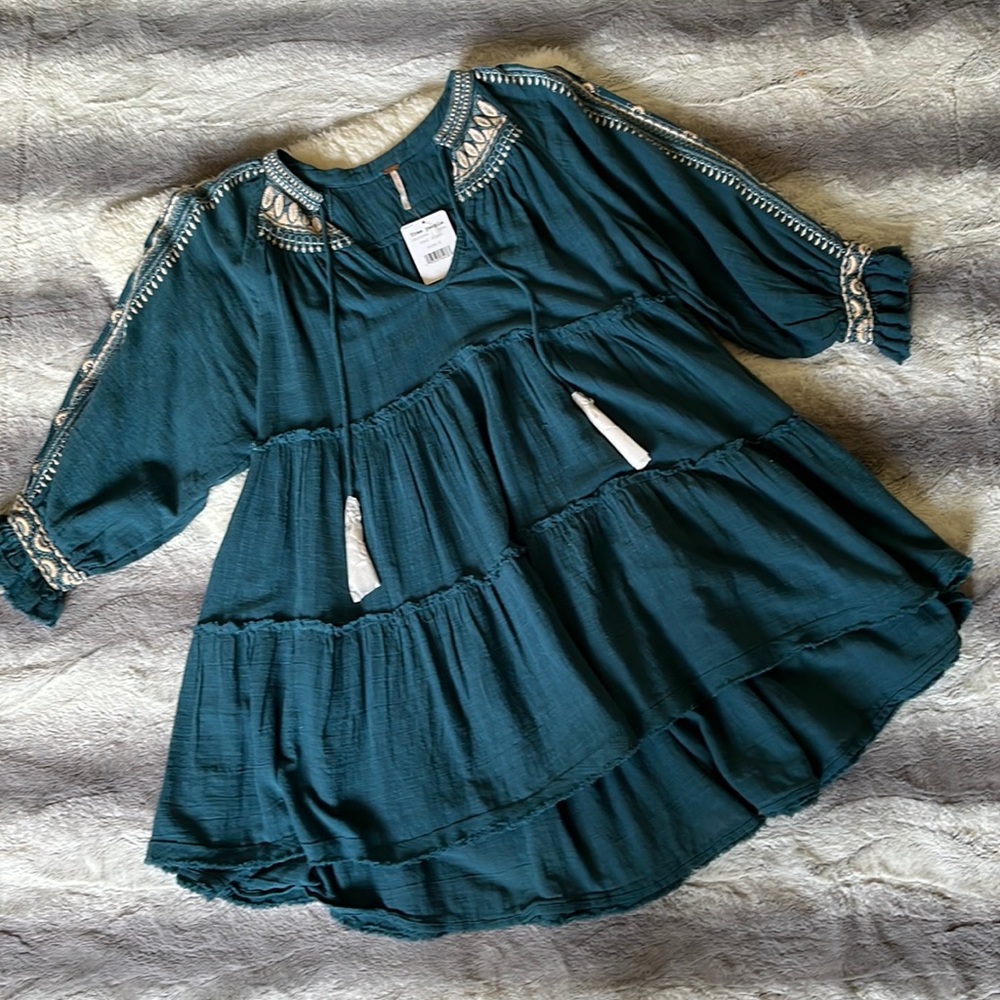 Free People Boho Blue Flowy Tunic Top with Tassels and Cream Stitching Detail